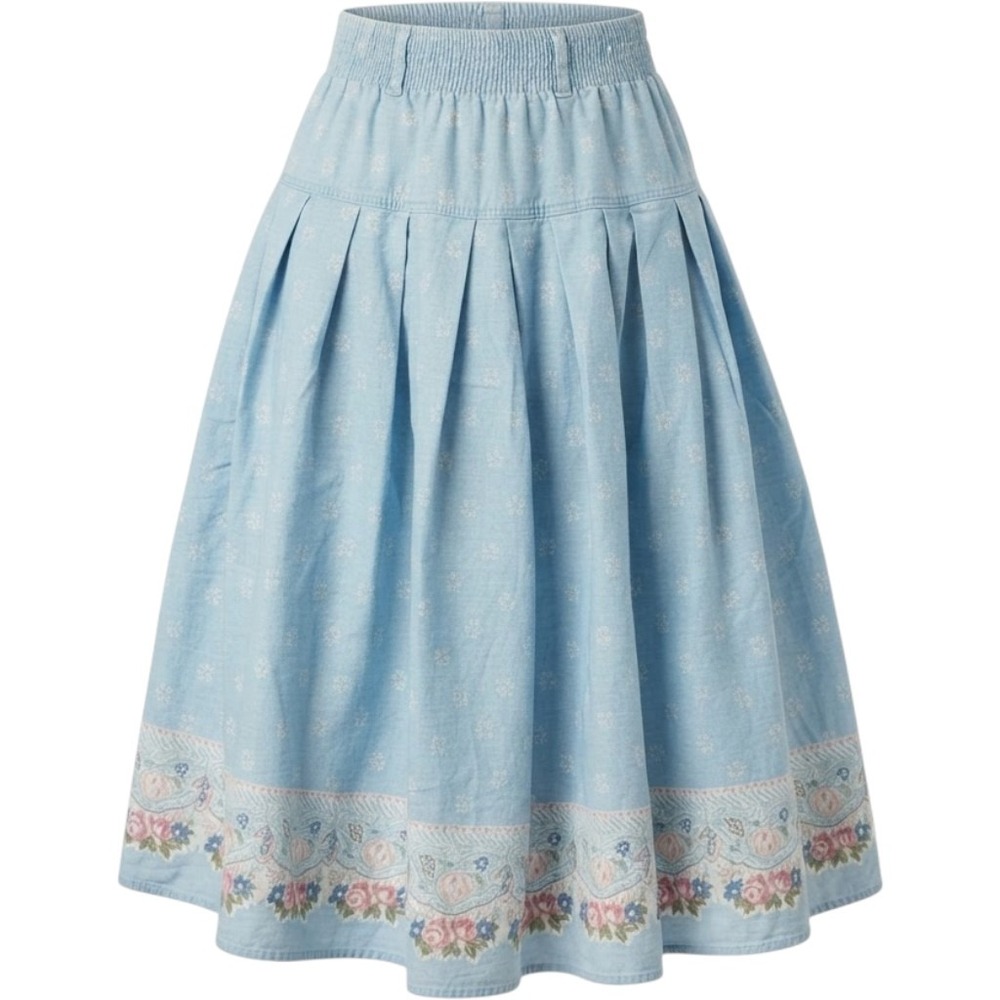 Lizwear Petites Vintage Blue Chambray Floral Border Print Midi Skirt Small